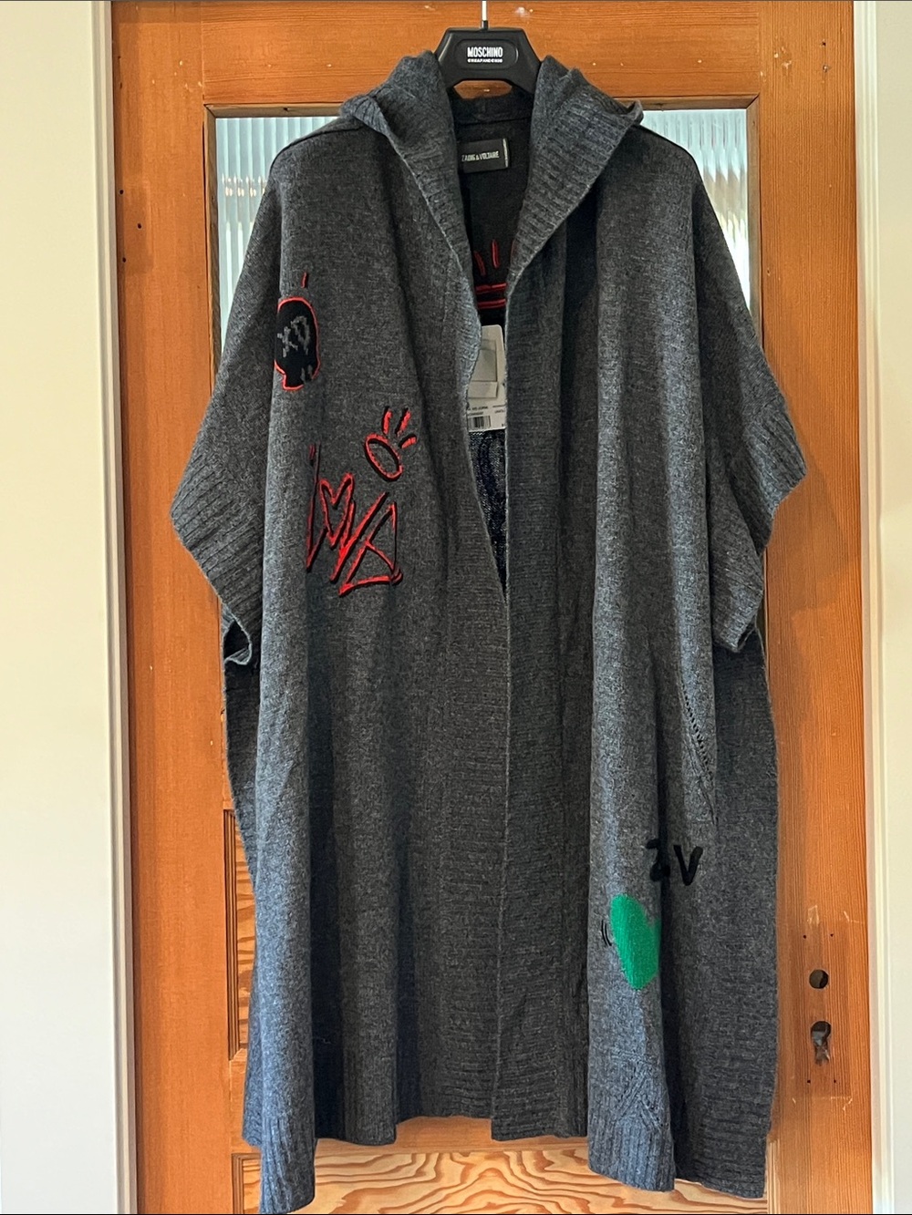 Zadig & Voltaire Charcoal Gray Hooded Cardigan with Red & Green Accents